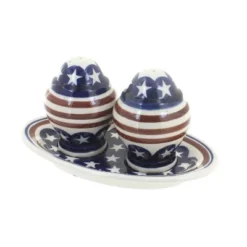 Blue Rose Polish Pottery 1282 Zaklady Salt & Pepper Shakers With Plate