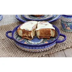 Blue Rose Polish Pottery 152 Vena Small Round Baker With Handles