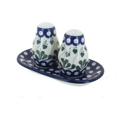 Blue Rose Polish Pottery 131 Ceramika Artystyczna Salt & Pepper Shakers With Tray 4 Blue Rose Polish Pottery 131 Ceramika Artystyczna Salt & Pepper Shakers With Tray - Image 2