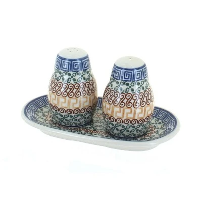 Blue Rose Polish Pottery 131 Ceramika Artystyczna Salt & Pepper Shakers With Tray 5 Blue Rose Polish Pottery 131 Ceramika Artystyczna Salt & Pepper Shakers With Tray - Image 3
