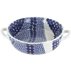 Blue Rose Polish Pottery 1454 Zaklady Small Baker With Handles