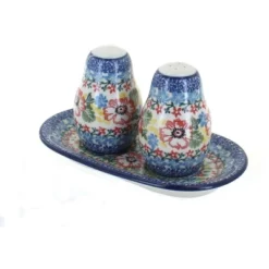 Blue Rose Polish Pottery 131 Ceramika Artystyczna Salt & Pepper Shakers With Tray