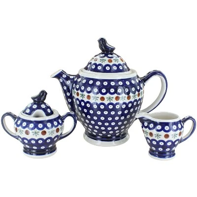 Blue Rose Polish Pottery 1230 Zaklady 3 PC Coffee Pot Set With Bird Topper 4 Blue Rose Polish Pottery 1230 Zaklady 3 PC Coffee Pot Set With Bird Topper - Image 2