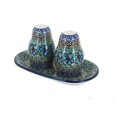 Blue Rose Polish Pottery 131 Ceramika Artystyczna Salt & Pepper Shakers With Tray 7 Blue Rose Polish Pottery 131 Ceramika Artystyczna Salt & Pepper Shakers With Tray - Image 5
