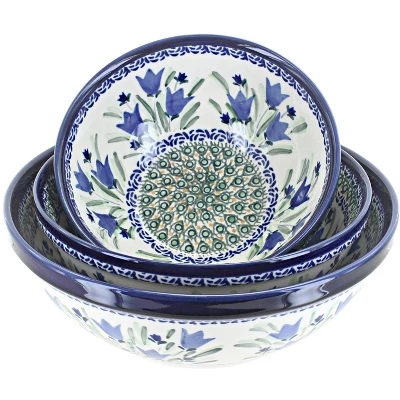 Blue Rose Polish Pottery 1400- Zaklady 3 Piece Serving Bowl Set 3 Blue Rose Polish Pottery 1400- Zaklady 3 Piece Serving Bowl Set