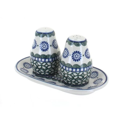 Blue Rose Polish Pottery 131 Ceramika Artystyczna Salt & Pepper Shakers With Tray 6 Blue Rose Polish Pottery 131 Ceramika Artystyczna Salt & Pepper Shakers With Tray - Image 4