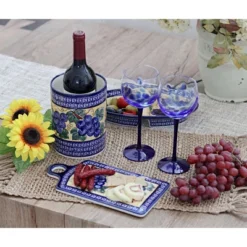 Blue Rose Polish Pottery Hand Blown Large Wine Glass Set