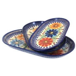 Blue Rose Polish Pottery 8600 Vena 3 Piece Oval Serving Set