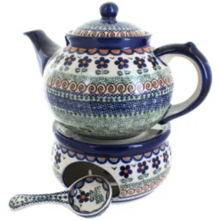 Blue Rose Polish Pottery 1886 Vena Teapot With Warmer & Candle Holder