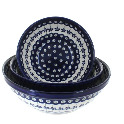 Blue Rose Polish Pottery 1400- Zaklady 3 Piece Serving Bowl Set 4 Blue Rose Polish Pottery 1400- Zaklady 3 Piece Serving Bowl Set - Image 2