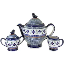 Blue Rose Polish Pottery 1230 Zaklady 3 PC Coffee Pot Set With Bird Topper
