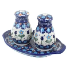 Blue Rose Polish Pottery 42 Vena Salt & Pepper Shakers With Tray -Blue Rose Pottery Store GUEST c1422013 9e34 4ab0 a801 0d36c36d6198