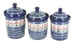 Blue Rose Polish Pottery 1300S Ceramika Artystyczna Canister Set