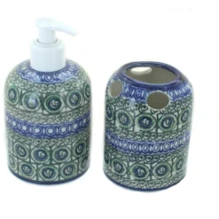 Blue Rose Polish Pottery 573 Ceramika Artystyczna Soap Dispenser & Toothbrush Holder