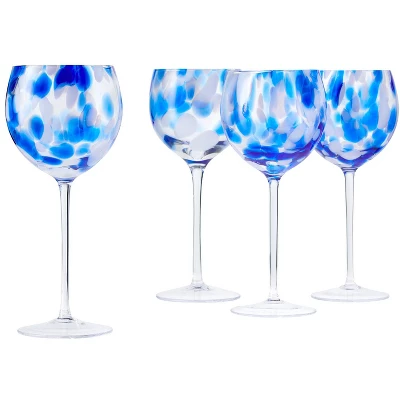 Blue Rose Polish Pottery Hand Blown Large Wine Glass Set 6 Blue Rose Polish Pottery Hand Blown Large Wine Glass Set - Image 4