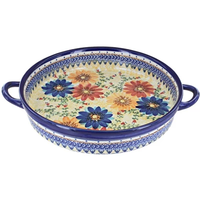 Blue Rose Polish Pottery 182 Vena Large Round Baker With Handles 3 Blue Rose Polish Pottery 182 Vena Large Round Baker With Handles