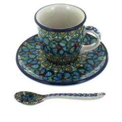Blue Rose Polish Pottery B10-A93 Ceramika Artystyczna Espresso Cup & Saucer With Spoon